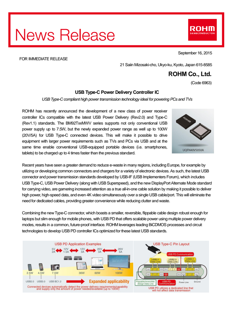 USB Type-C Power Delivery Controller IC -- USB Type-C compliant high power transmission technology ideal for powering PCs and TVs