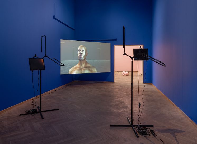 Sondra Perry, IT’S IN THE GAME ’18 or Mirror Gag for Projection and Two Universal Shot Trainers with Nasal Cavity and Pelvis (2018).