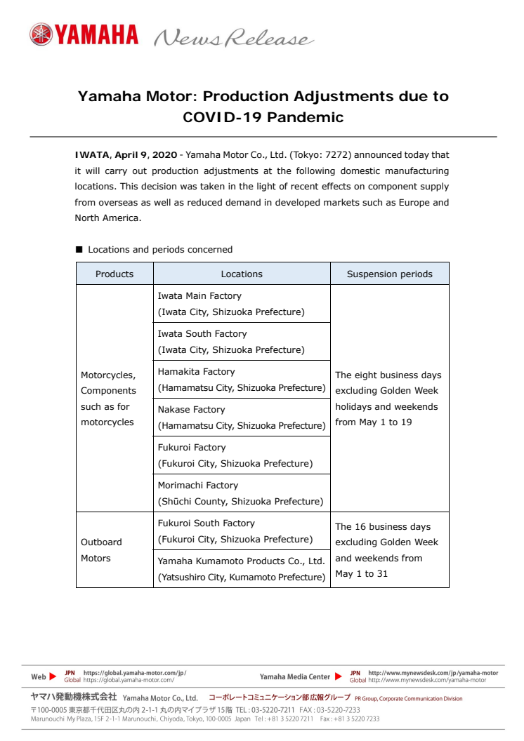Yamaha Motor: Production Adjustments due to COVID-19 Pandemic