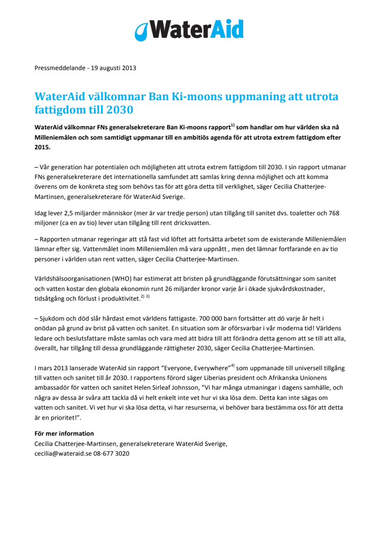 WaterAid välkomnar Ban Ki-moons uppmaning att utrota fattigdom till 2030