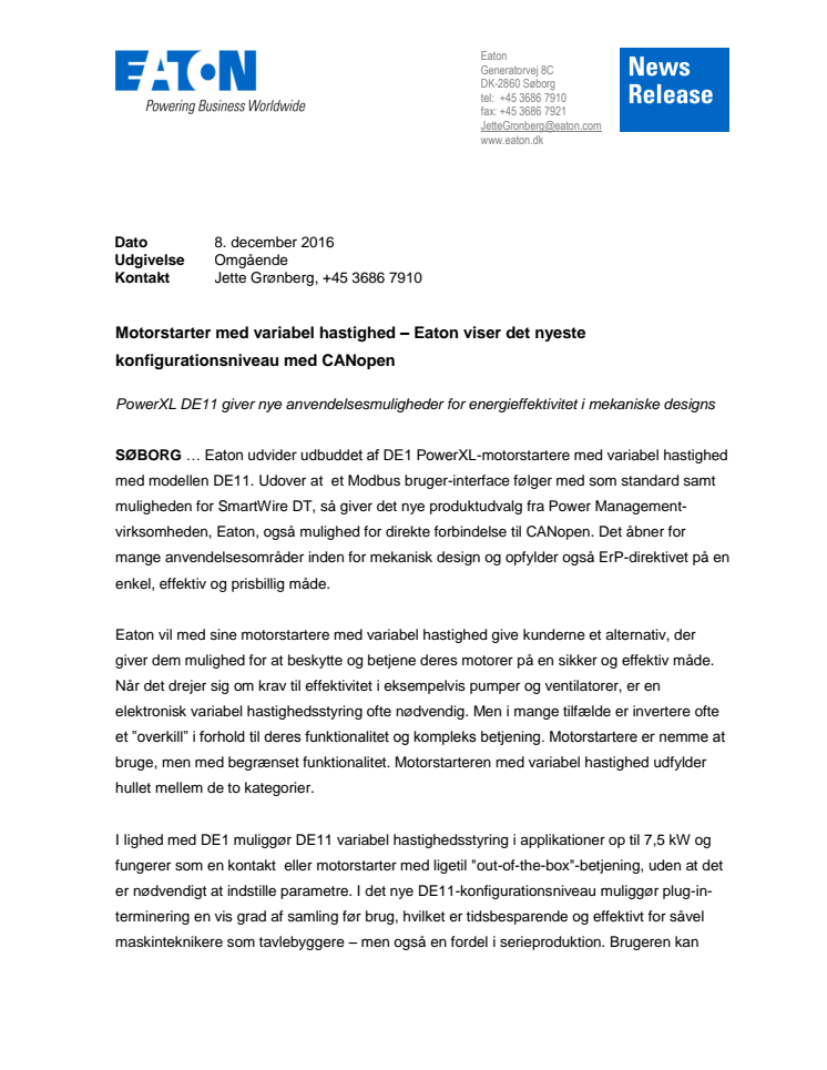 Motorstarter med variabel hastighed – Eaton viser det nyeste konfigurationsniveau med CANopen