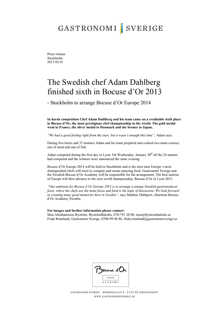 The Swedish chef Adam Dahlberg finished sixth in Bocuse d’Or 2013  - Stockholm to arrange Bocuse d’Or Europe 2014 
