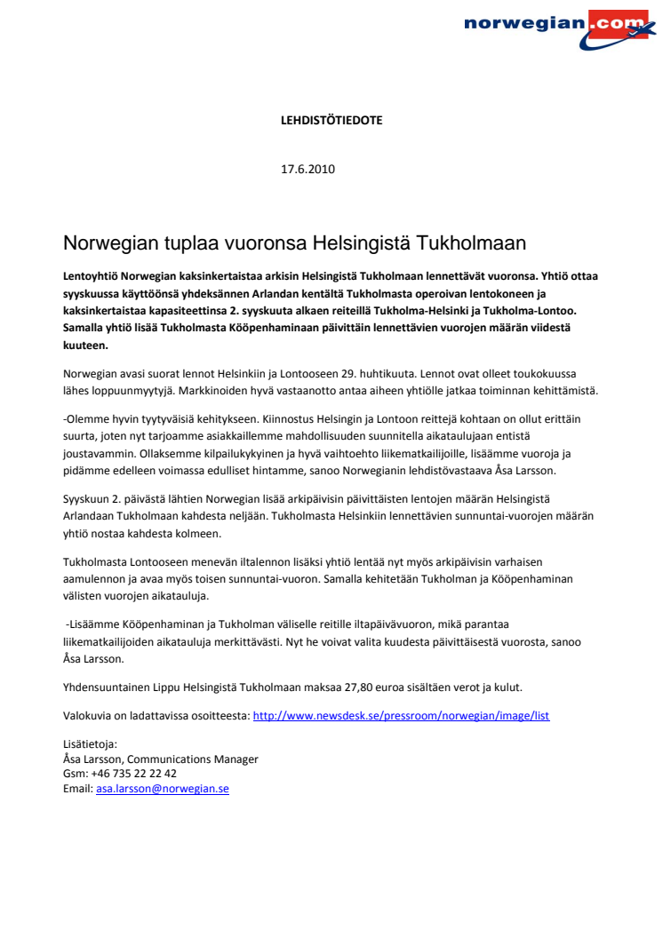 Norwegian tuplaa vuoronsa Helsingistä Tukholmaan