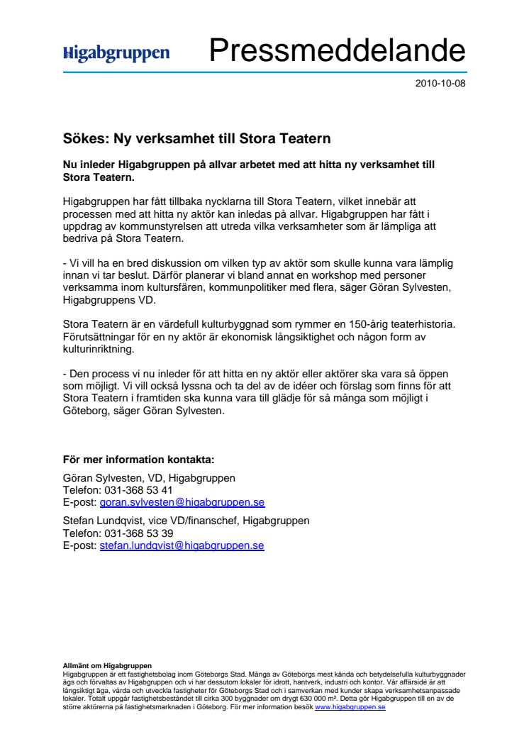 Sökes - Ny verksamhet till Stora Teatern