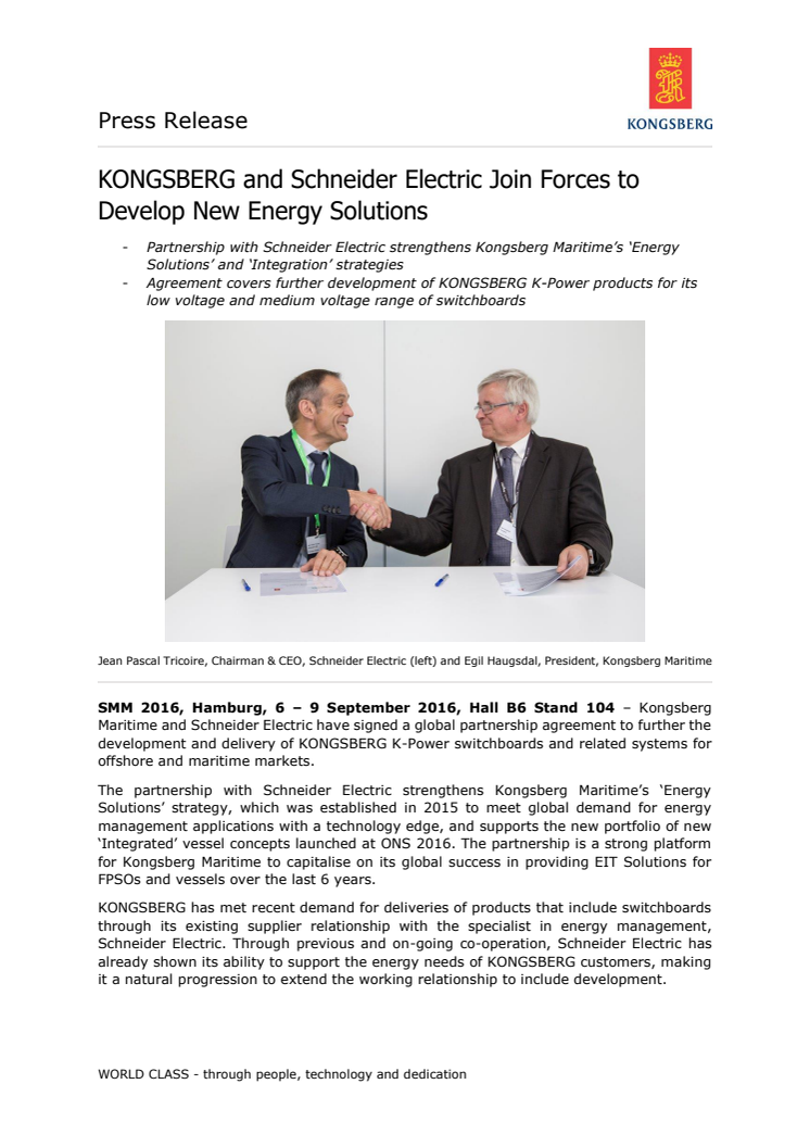 Kongsberg Maritime: KONGSBERG and Schneider Electric Join Forces to Develop New Energy Solutions