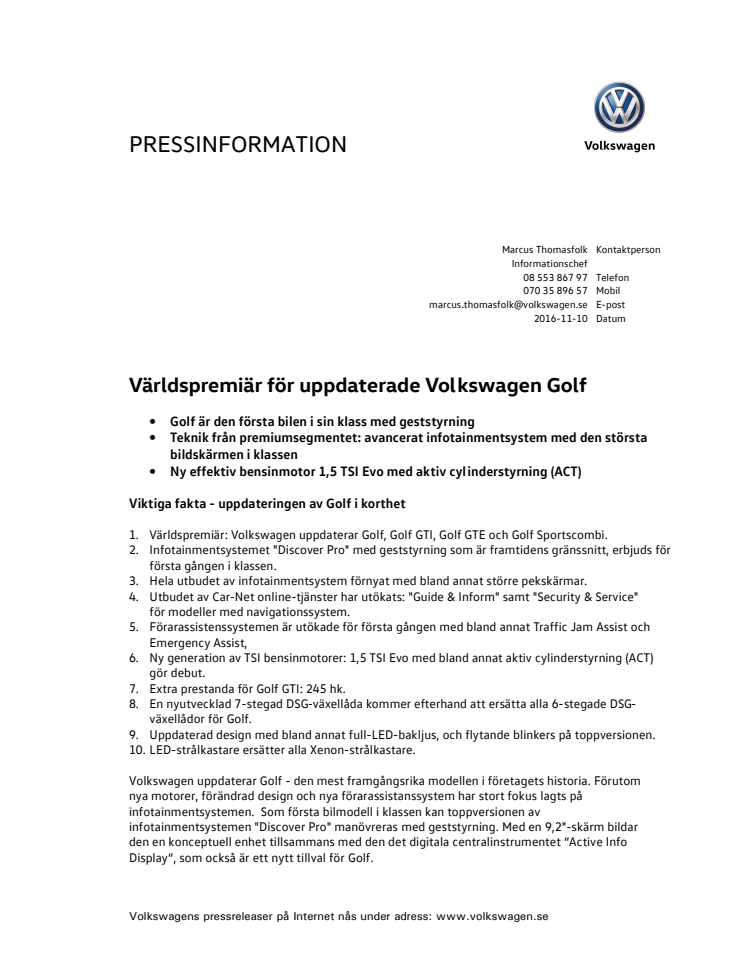 Världspremiär för uppdaterade Volkswagen Golf