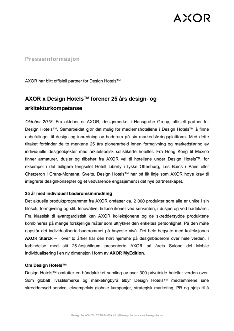 AXOR x Design Hotels™ forener 25 års design- og arkitekturkompetanse