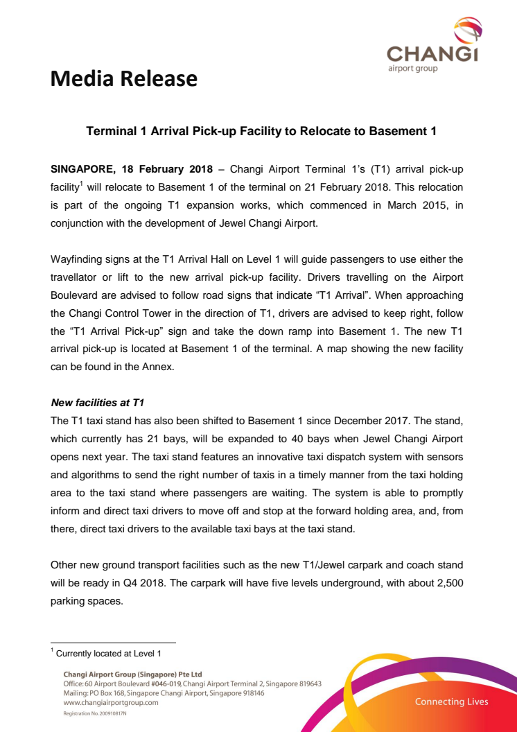 Terminal 1 Arrival Pick-up Facility to Relocate to Basement 1