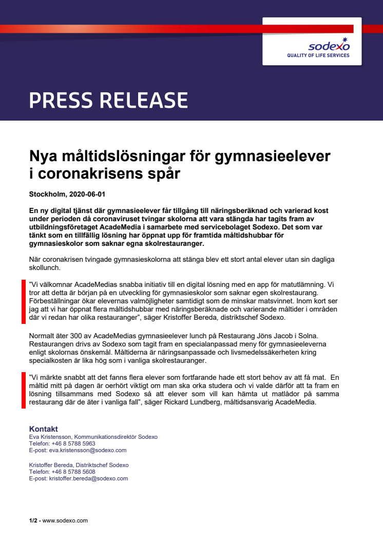 Nya måltidslösningar för gymnasieelever i coronakrisens spår