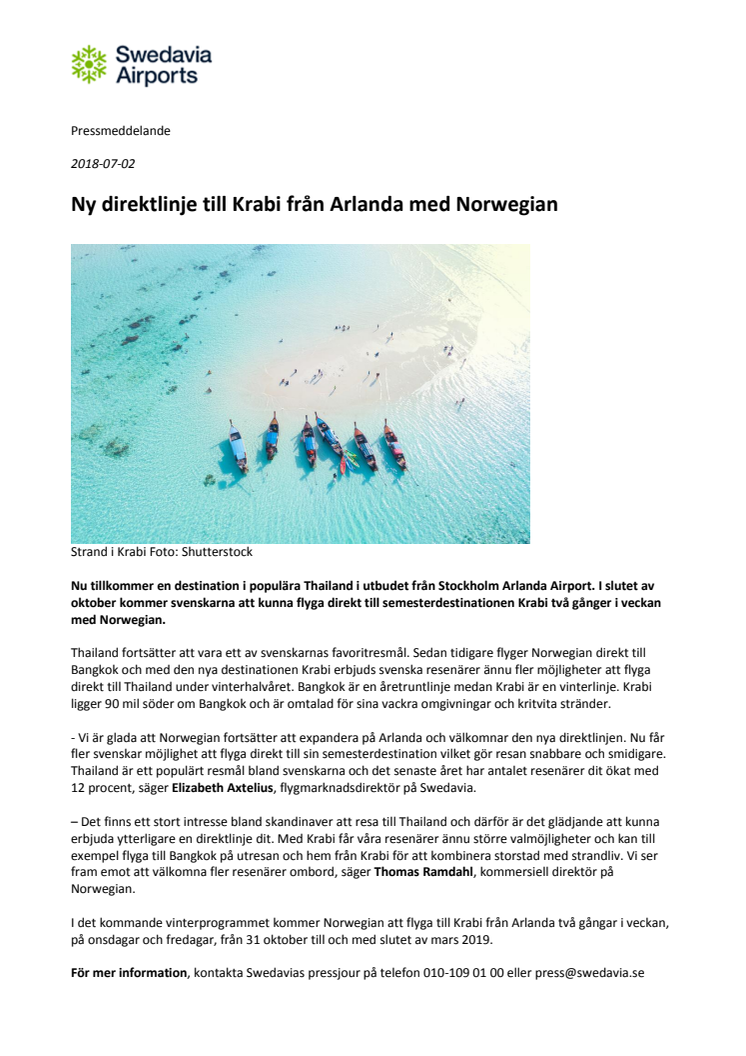 Ny direktlinje till Krabi från Arlanda med Norwegian 
