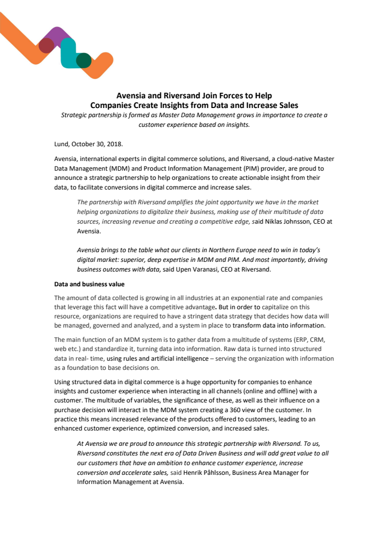 Avensia and Riversand Join Forces to Help Companies Create Insights from Data and Increase Sales