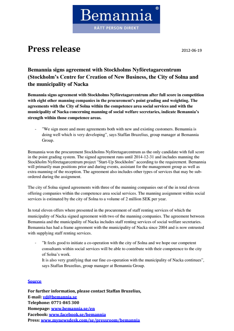Bemannia signs agreement with Stockholms Nyföretagarcentrum (Stockholm’s Centre for Creation of New Business), the City of Solna and the municipality of Nacka 