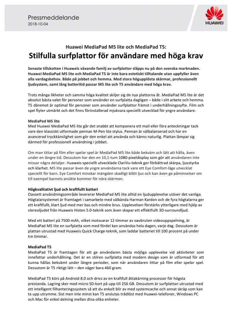 Huawei MediaPad M5 lite och MediaPad T5: Stilfulla surfplattor för användare med höga krav