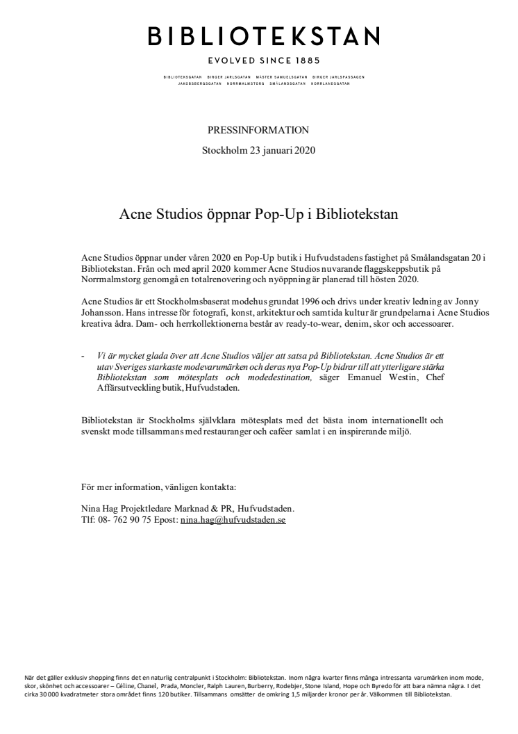 Acne Studios öppnar Pop-Up i Bibliotekstan