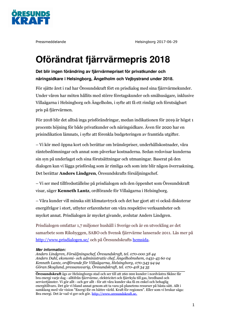 Oförändrat fjärrvärmepris 2018