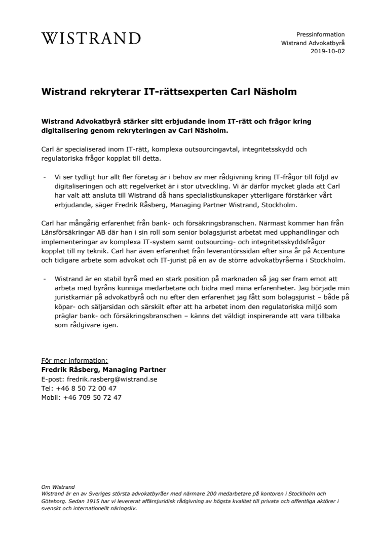 Wistrand rekryterar IT-rättsexperten Carl Näsholm