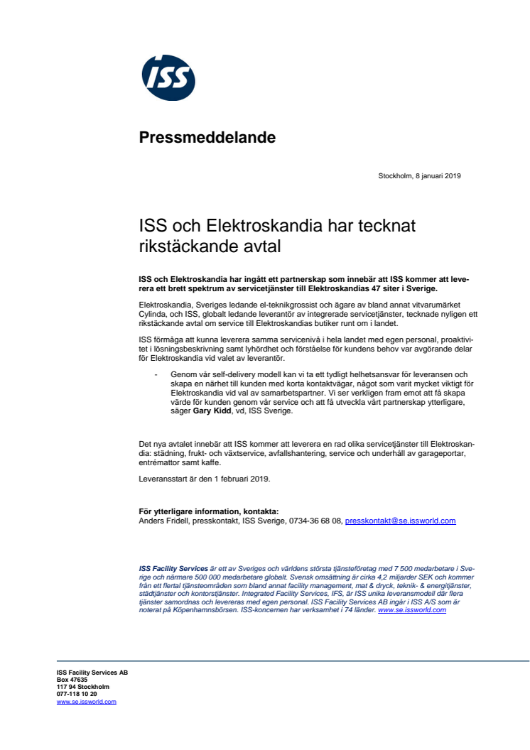 ISS och Elektroskandia har tecknat rikstäckande avtal 