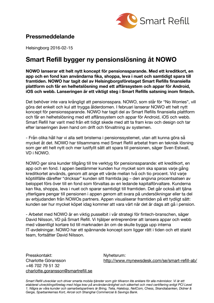 Smart Refill bygger ny pensionslösning åt NOWO