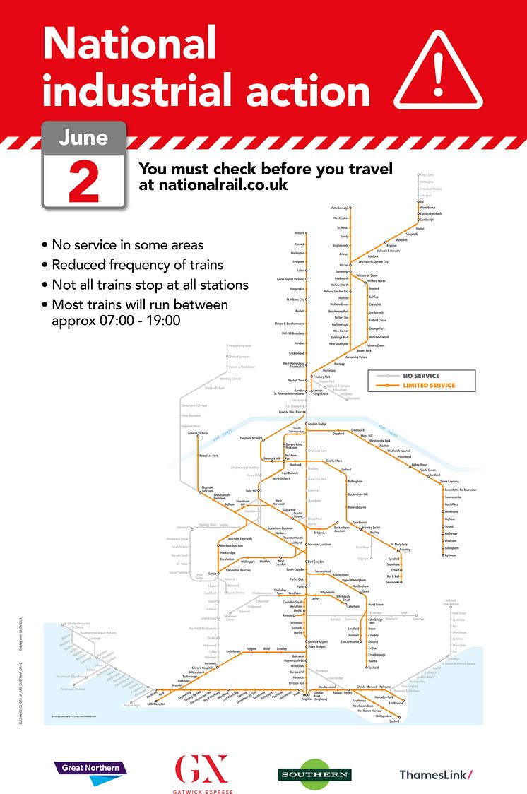 2 June 2023 RMT strike day service map