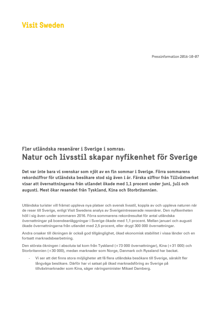 Fler utländska resenärer till Sverige i somras:  Natur och livsstil skapar nyfikenhet för Sverige 