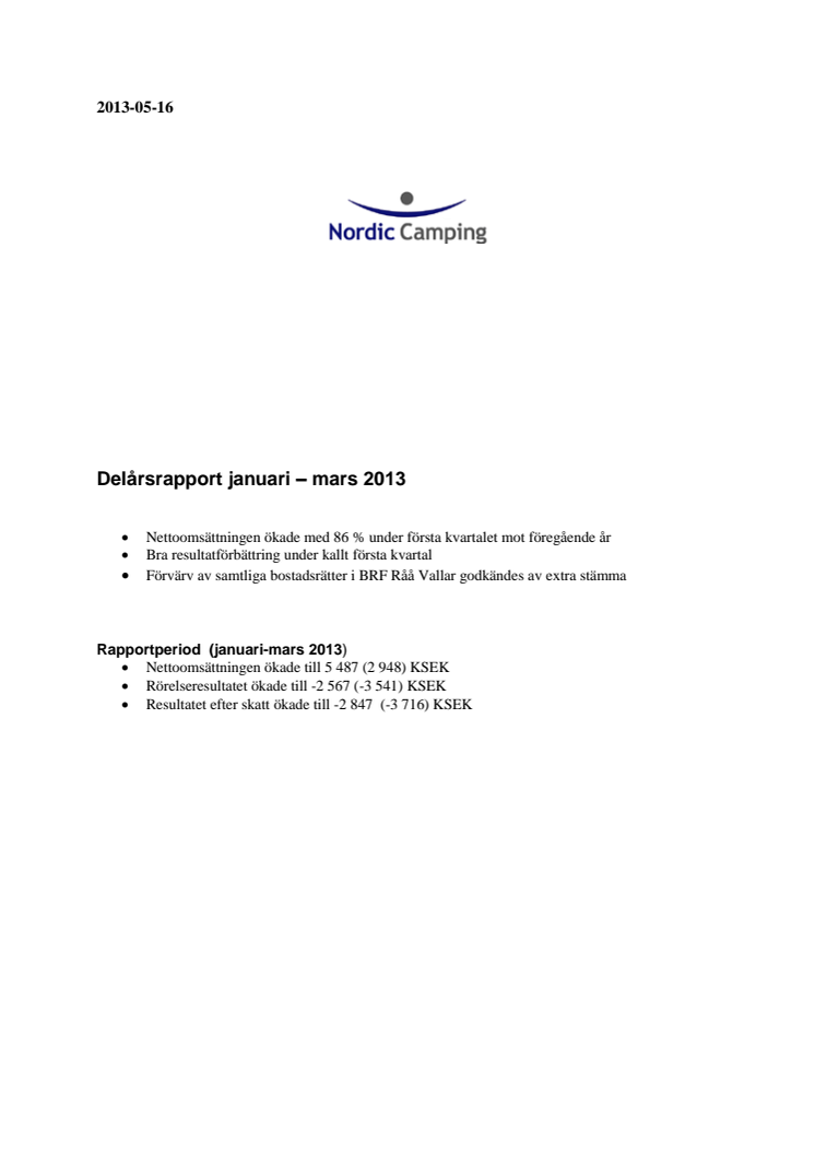 Delårsrapport januari - september 2013