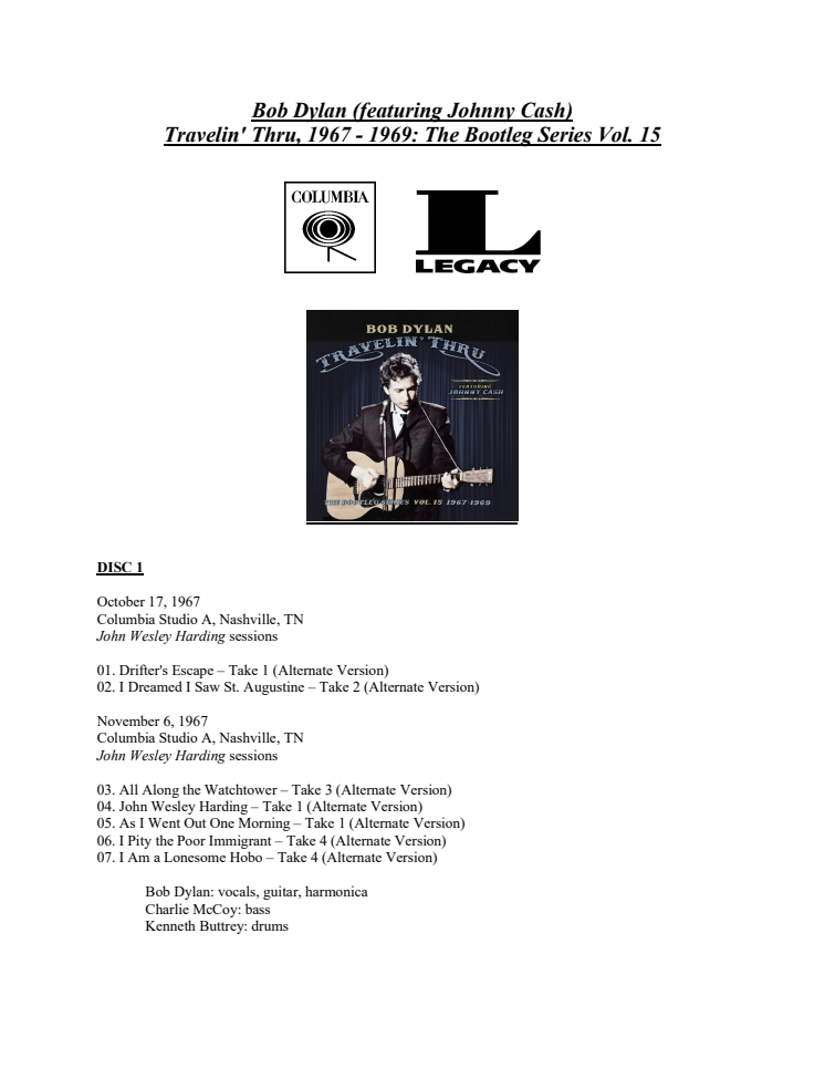 Bob Dylan (featuring Johnny Cash) Travelin' Thru, 1967 - 1969: The Bootleg Series Vol. 15