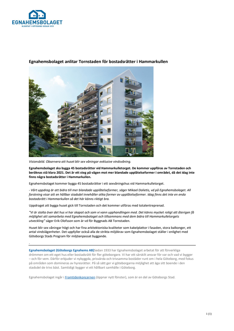 Egnahemsbolaget bygger bostadsrätter i Hammarkullen - anlitar Tornstaden