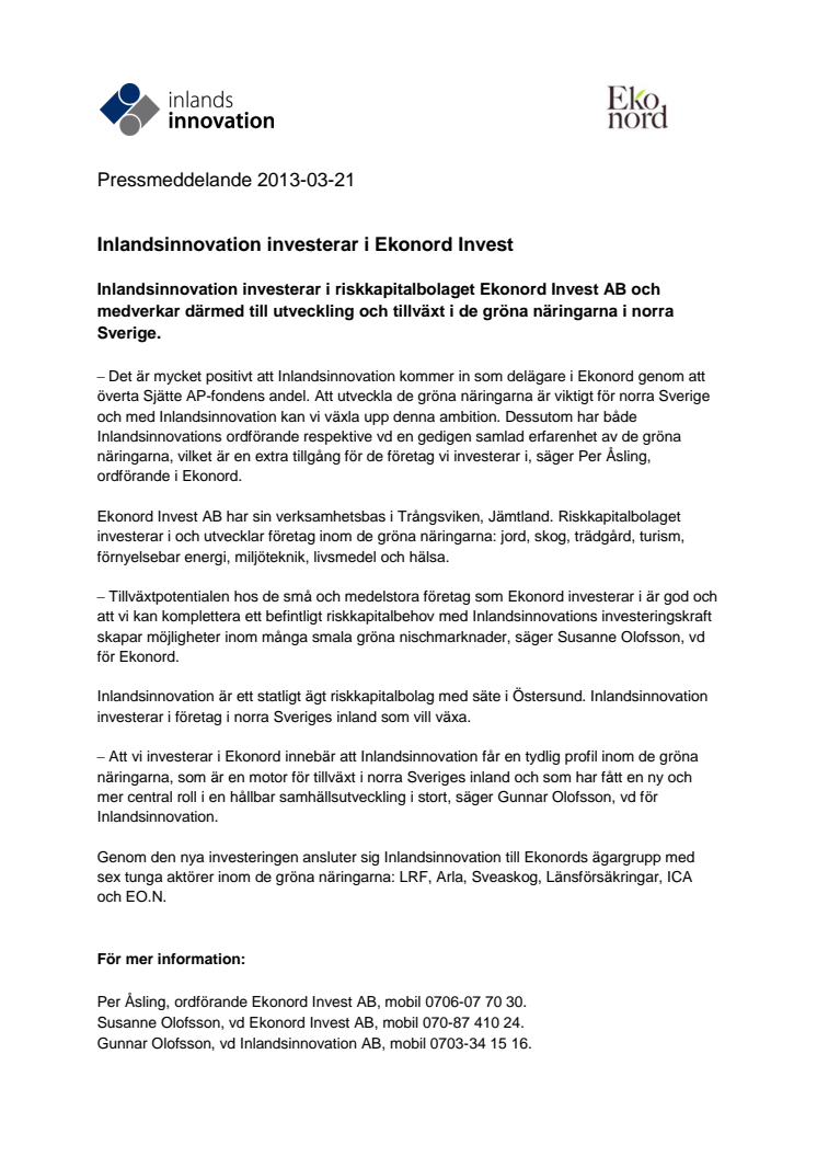 Inlandsinnovation investerar i Ekonord Invest   