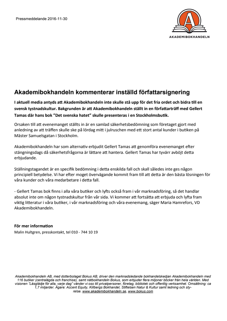 Akademibokhandeln kommenterar inställd författarsignering