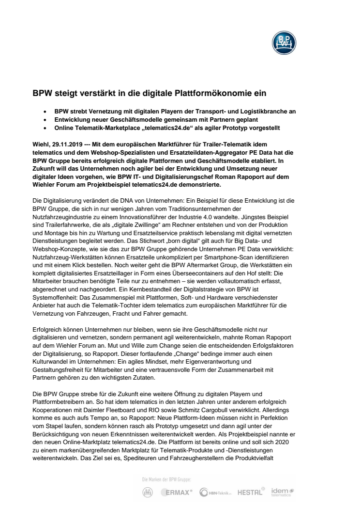 BPW steigt verstärkt in die digitale Plattformökonomie ein