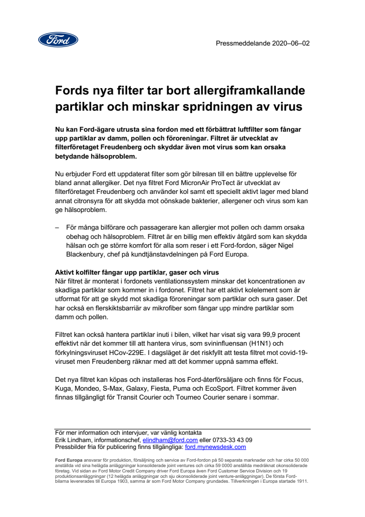 Fords nya filter tar bort allergiframkallande partiklar och minskar spridningen av virus 