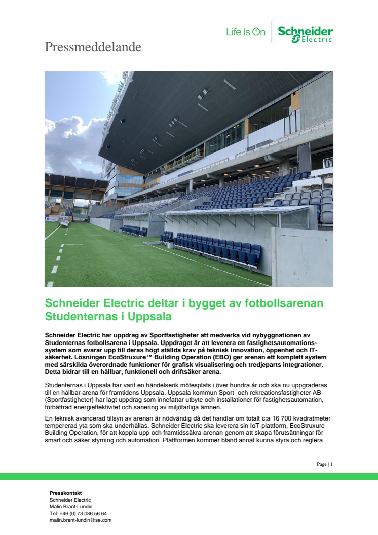 Schneider Electric deltar i bygget av fotbollsarenan Studenternas i Uppsala