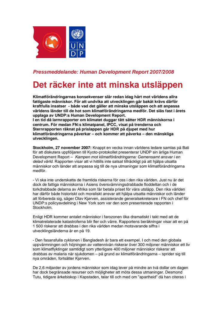 Human Development Report 2007/2008: Det räcker inte att minska utsläppen 