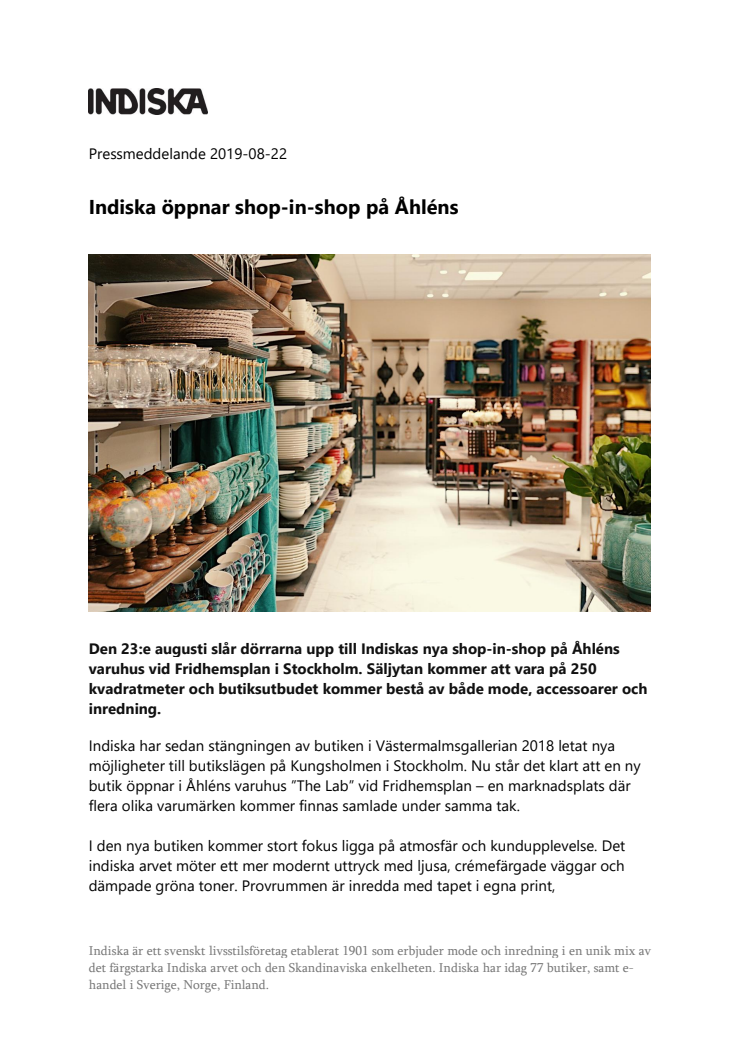Indiska öppnar shop-in-shop på Åhléns