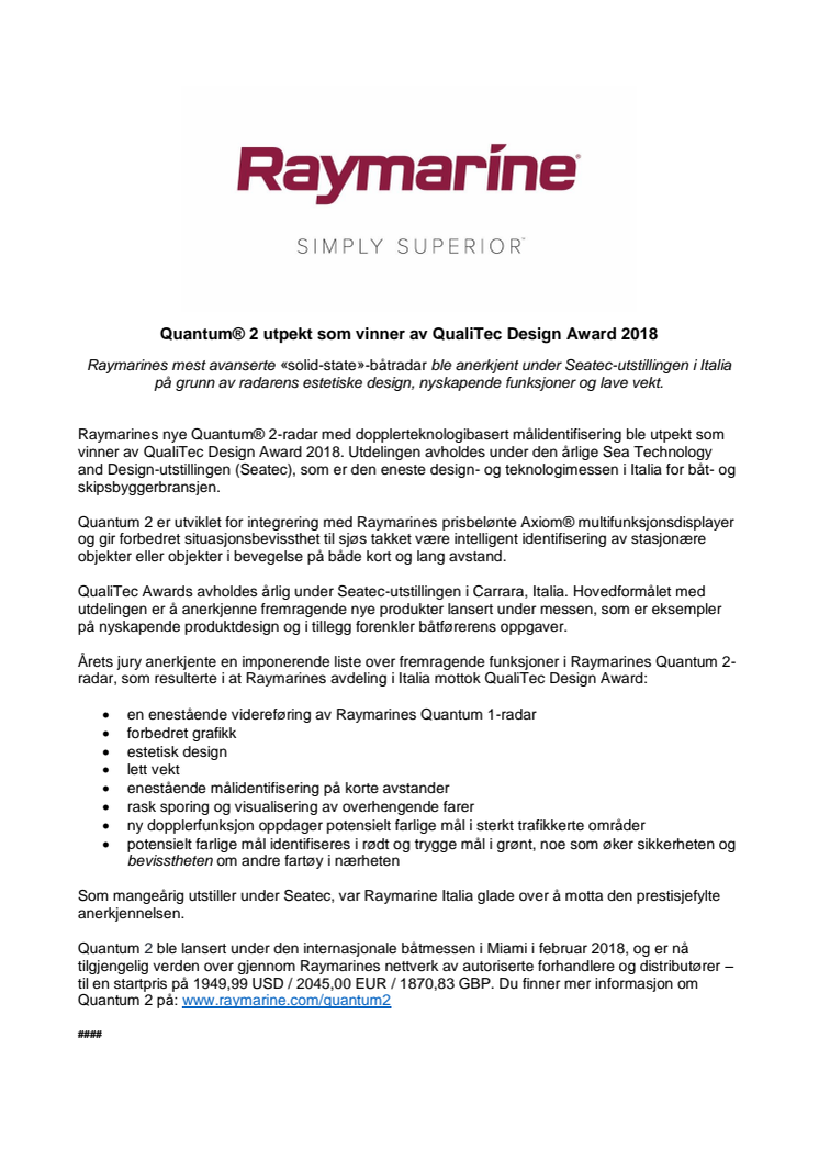 Raymarine: Quantum® 2 utpekt som vinner av QualiTec Design Award 2018 