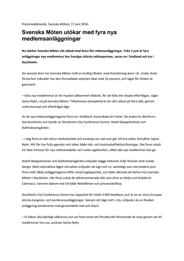 Svenska Möten utökar med fyra medlemsanläggningar
