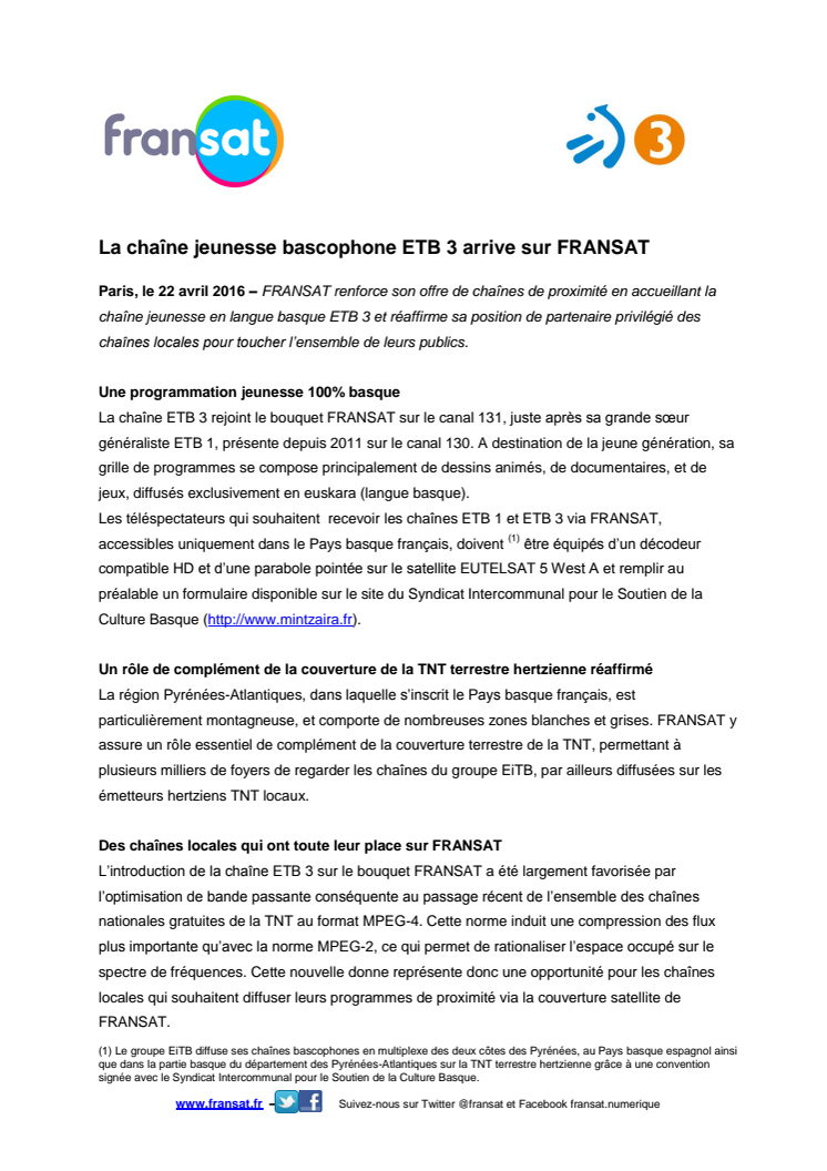 La chaîne jeunesse bascophone ETB 3 arrive sur FRANSAT