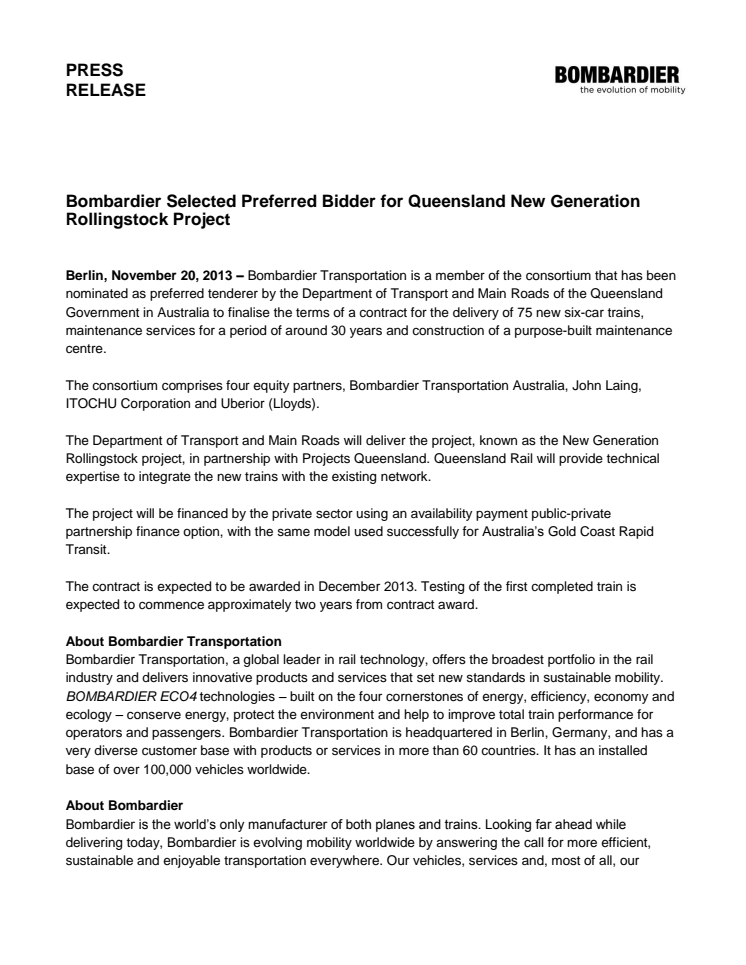 Bombardier utvalt för regionaltågsprojekt i Australien  