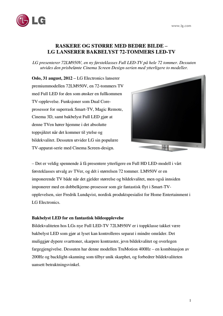 IFA 2012: RASKERE OG STØRRE MED BEDRE BILDE –   LG LANSERER BAKBELYST 72-TOMMERS LED-TV  