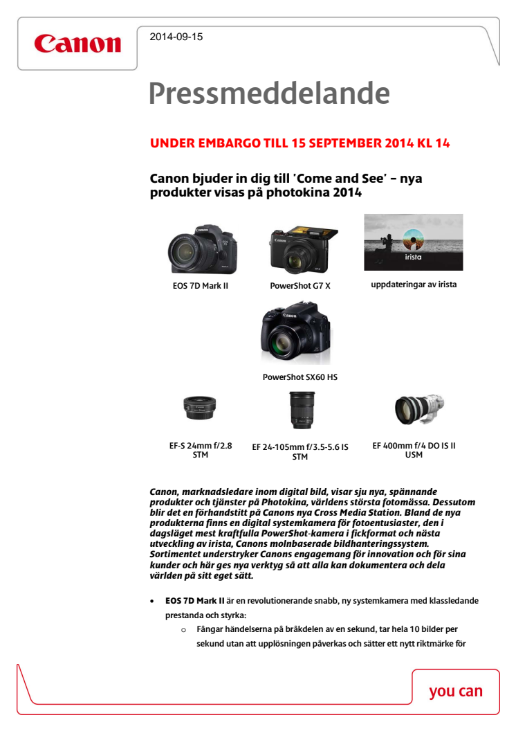 Canon bjuder in dig till 'Come and See' – nya produkter visas på photokina 2014