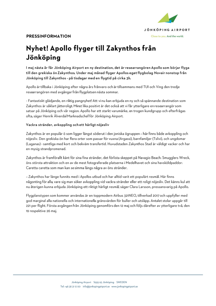 Nyhet! Apollo flyger till Zakynthos från Jönköping
