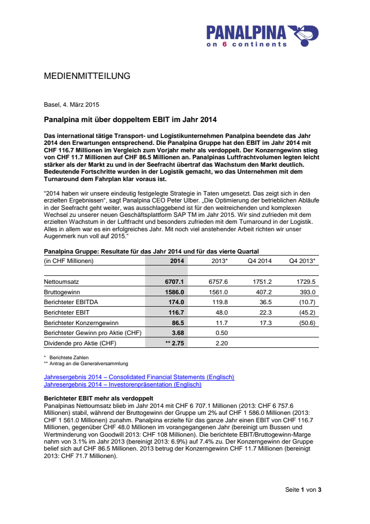 Panalpina mit über doppeltem EBIT im Jahr 2014