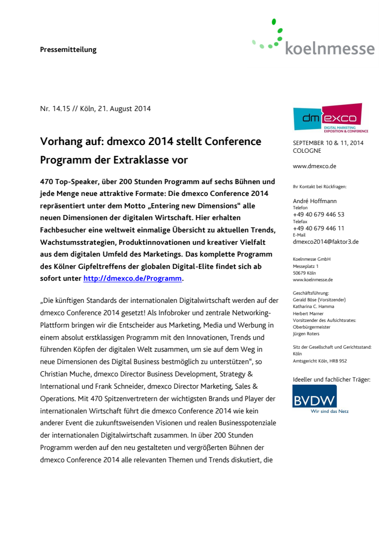 Vorhang auf: dmexco 2014 stellt Conference Programm der Extraklasse vor
