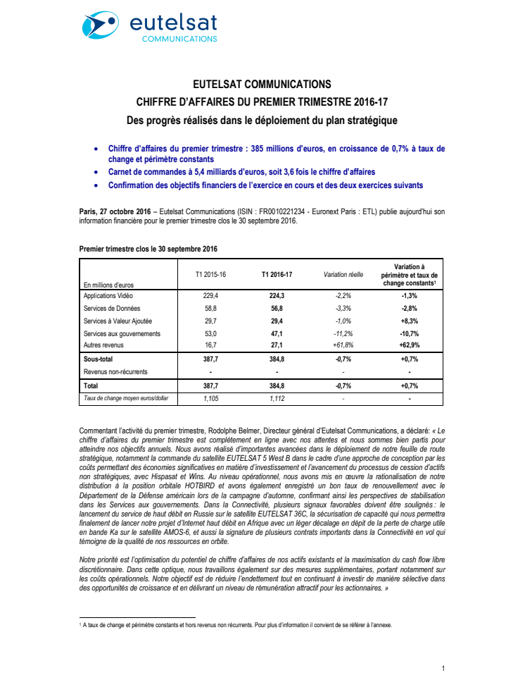 EUTELSAT COMMUNICATIONS CHIFFRE D’AFFAIRES DU PREMIER TRIMESTRE 2016-17 