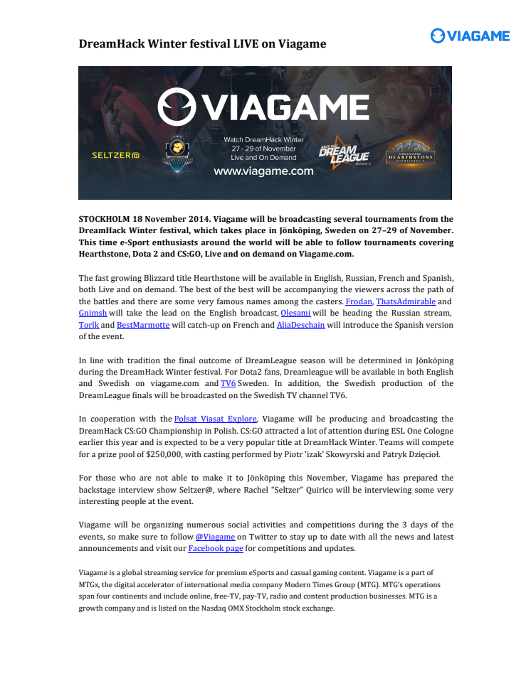 DreamHack Winter festival LIVE on Viagame