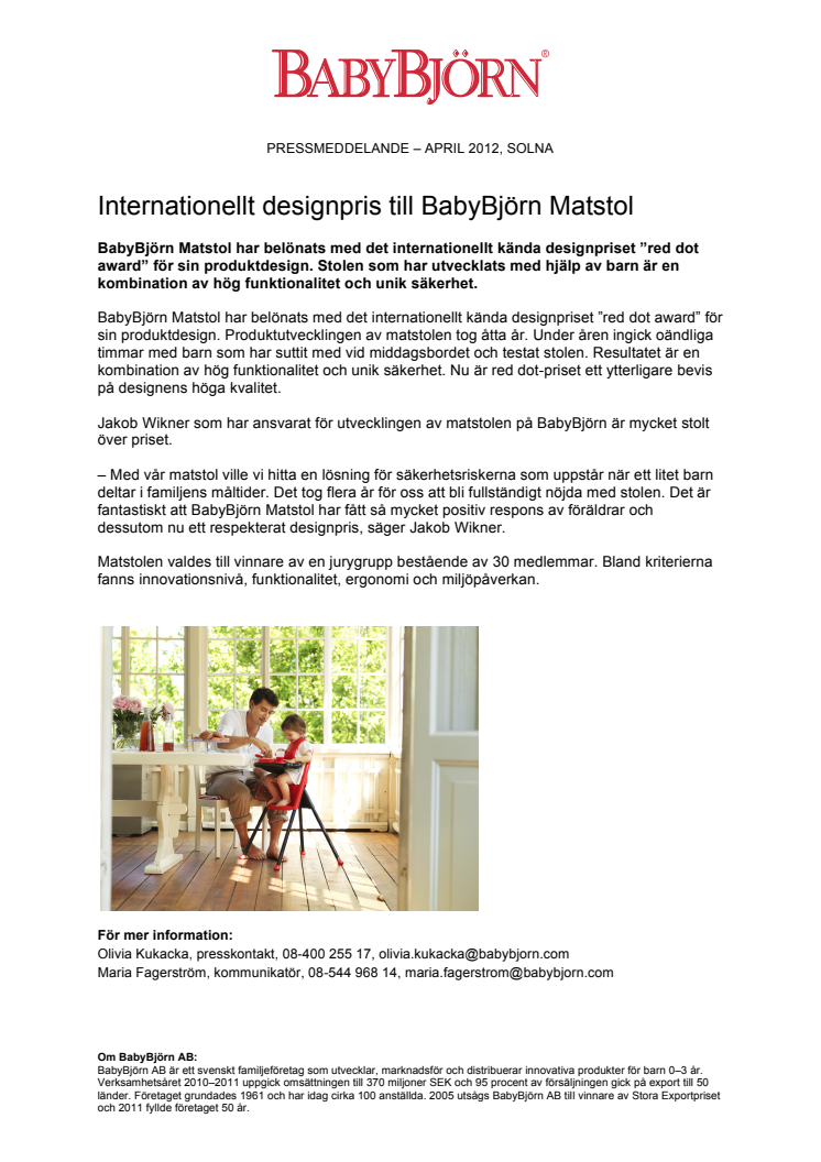 Internationellt designpris till BabyBjörn Matstol