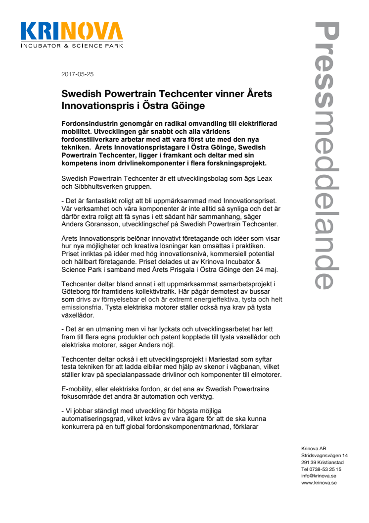 Swedish Powertrain Techcenter vinner Årets Innovationspris i Östra Göinge