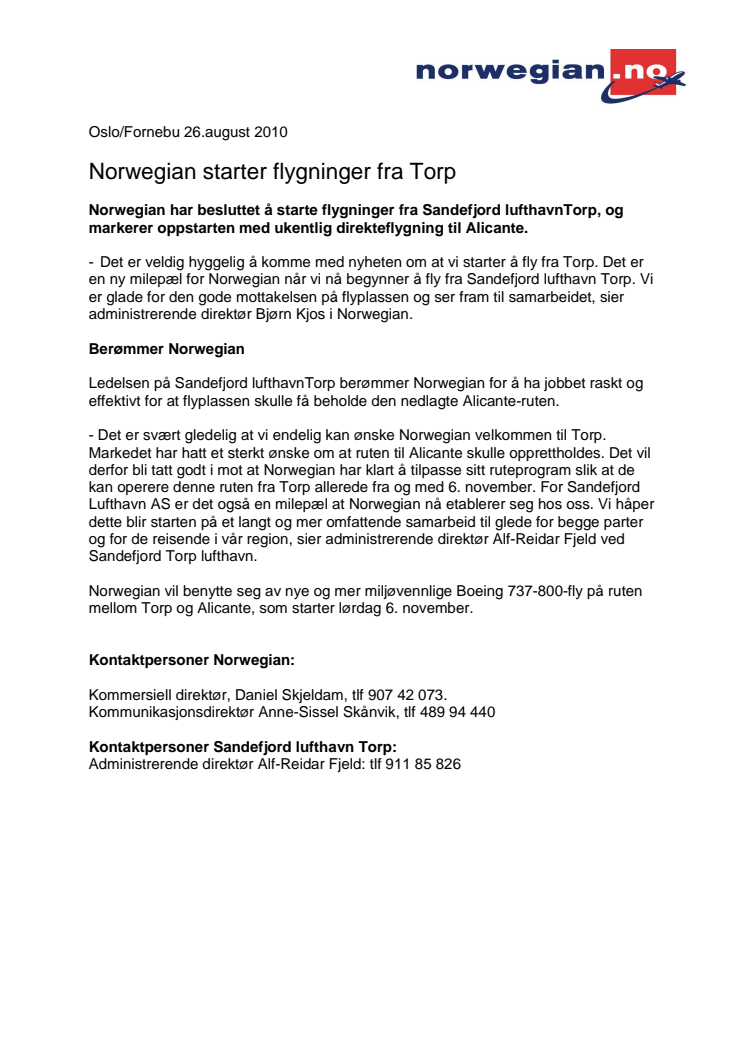 Norwegian starter flygninger fra Torp