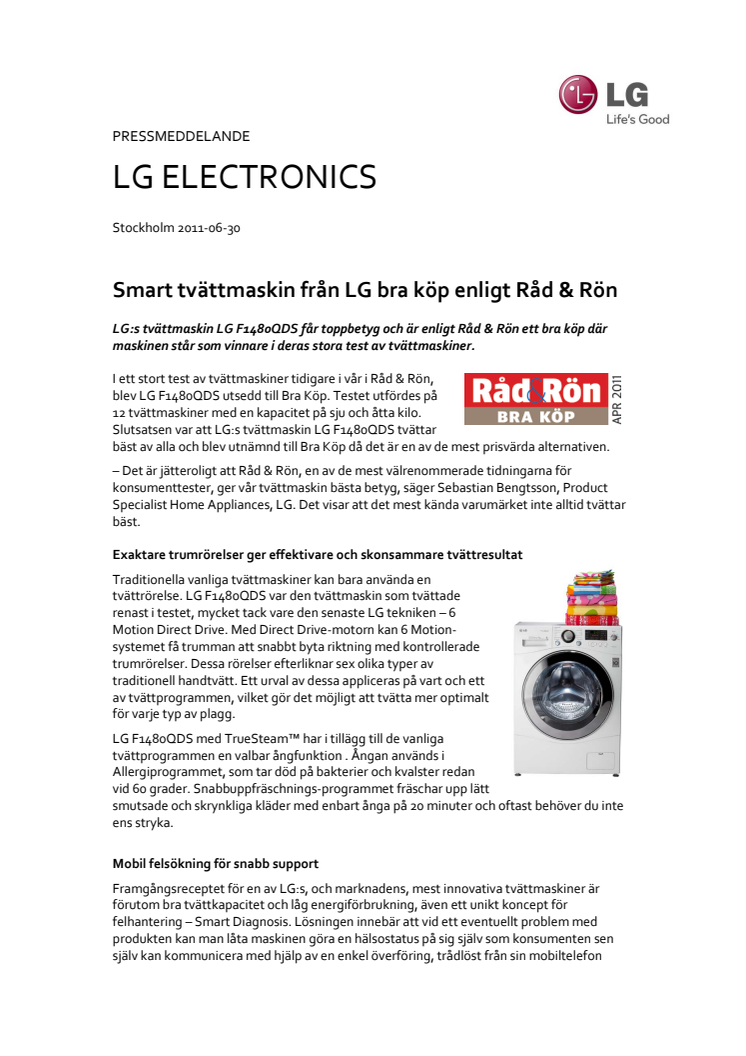 Smart tvättmaskin från LG bra köp enligt Råd & Rön