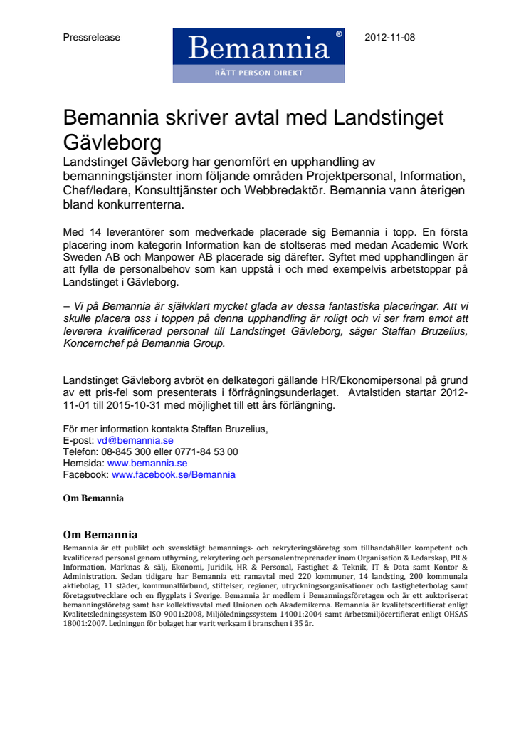 Bemannia skriver avtal med Landstinget Gävleborg